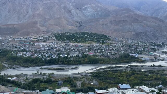 Indus river and Kargil City with Himalayan mountains, Jammu and Kashmir, India. Kargil town in the state of Jammu and Kashmir, Ladakh.