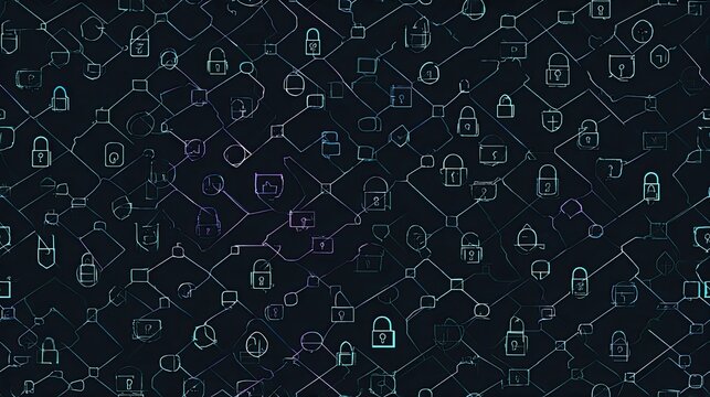 seamless pattern of cybersecurity shields, locks and abstract nodes, modern tech background