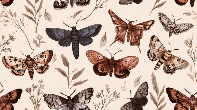 seamless repeating pattern of butterflies and moths with botanical elements
