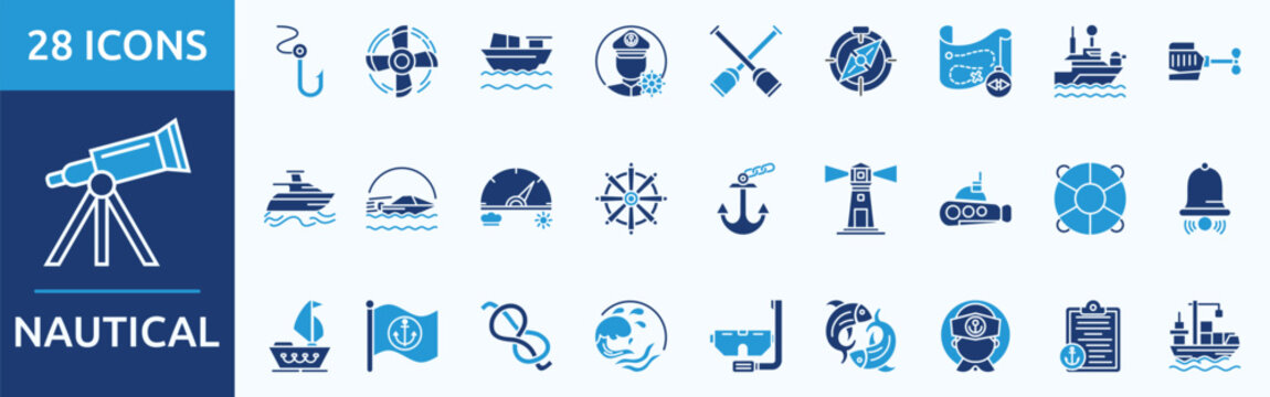 Nautical
- Icon Collection. Thin glyph blue Set contains such Icons as boat telescope, hook, ship engine, watercraft, captain and more. Simple web icons set
