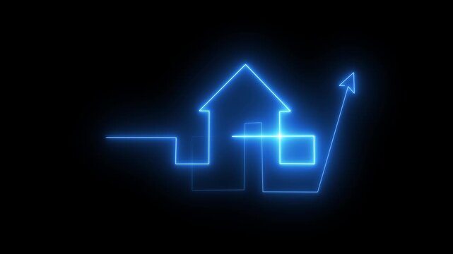 Link &times;Title: Home icon house sign neon lights animation with up arrow  .Neon line home icon. Neon line Cool linear animated home icon. House icon glowing neon light.