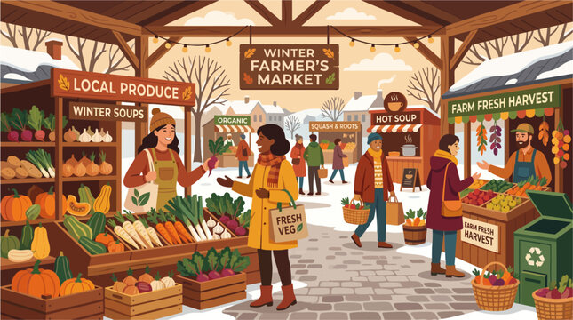 Rustic farmer market featuring seasonal vegetables used in winter soups, local producers interacting with customers, sustainable food concept, colorful 2D flat vector illustration