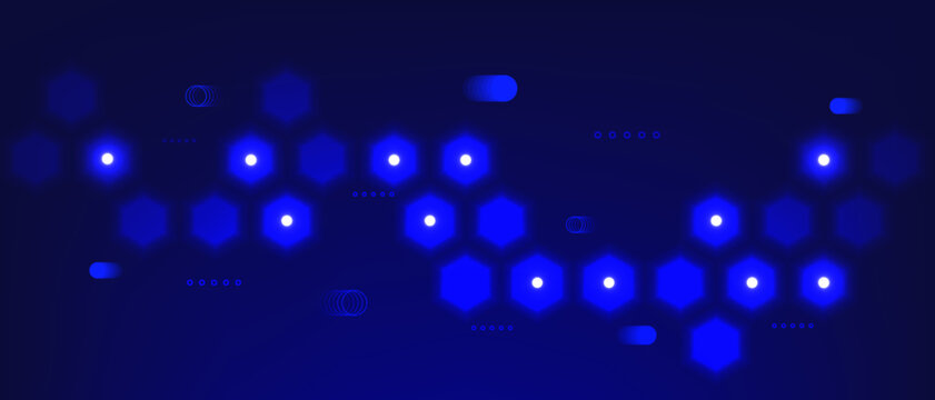 Digital technology network background. Computer science circle communication. Button on blue hexagon. Abstract dot connection web banner