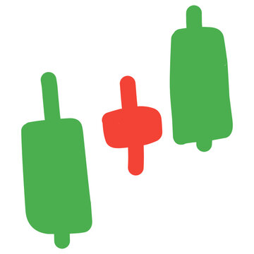Hand-drawn style candlestick chart pattern of two green bullish candles and a central red doji candle isolated on white
