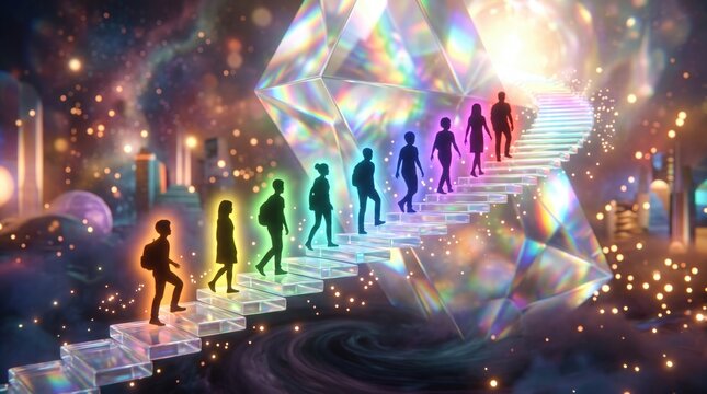 Silhouetted children climb a glowing rainbow staircase toward a bright light, surrounded by sparkling colorful bokeh and floating books.