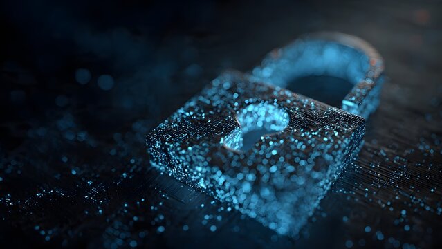 Digital padlock made of glowing blue particles floating above intricate circuit board representing cybersecurity and data protection concept with depth of field and soft bokeh light effects.