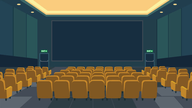 Movie theater auditorium backdrop with blank screen and seats Flat style empty cinema hall interior vector illustration