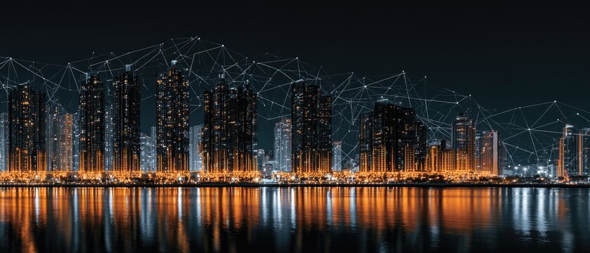 Modern cityscape at night with glowing orange lights and network connections
