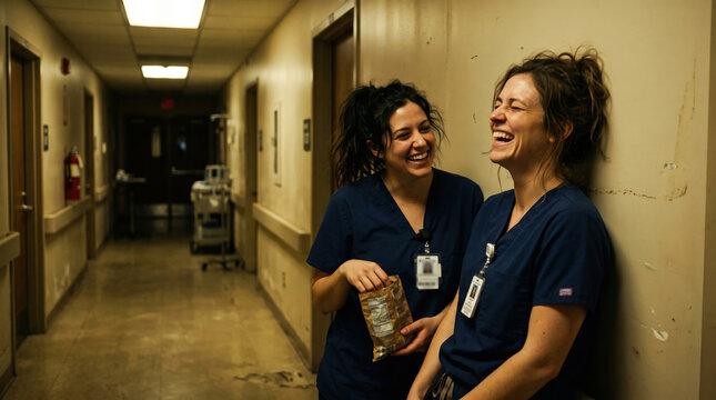 Two nurses in blue scrubs share a joyful laugh while walking down a hospital corridor during a break from their shift.