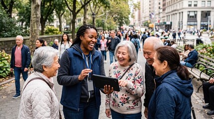 Obraz premium A cheerful volunteer shows a digital tablet to three smiling seniors sitting together on a park bench in a lively city setting.