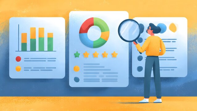 Person using magnifying glass to analyze business reports and colorful data charts while standing next to wall of analytical information boards for professional performance research work.