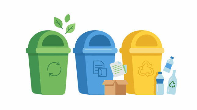Colorful recycling bins with various waste items for disposal