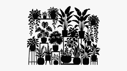 Black and white illustration of various potted plants. © Reda