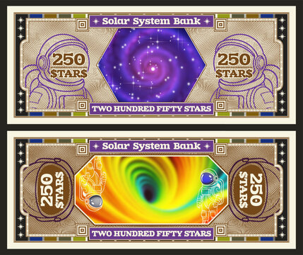 Vector obverse, reverse of space banknote. Denomination of 250 stars. Pirple galaxy and rainbow swirl collapsar. Astronaut and spacesuit, grid. Play money. Solar system bank. Two hundred fifty. Cosmic