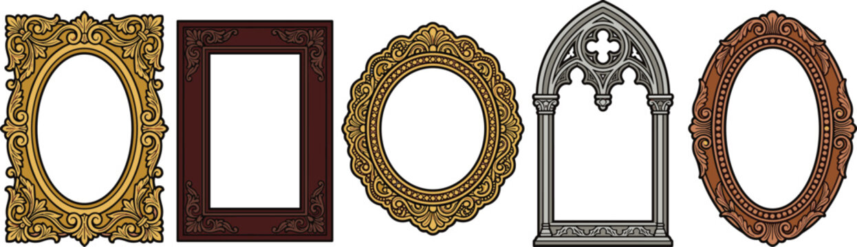Vintage Picture Frame Vector Icon Set Featuring Antique Gold Baroque Ornate Oval Wooden Rectangle and Gothic Arched Stone Frames for Art Designs