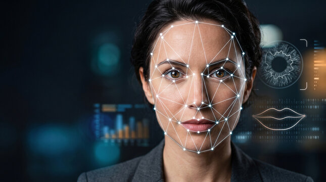 A confident woman face undergoing biometric verification with glowing white tracking points on a geometric wireframe matrix, digital identity protection