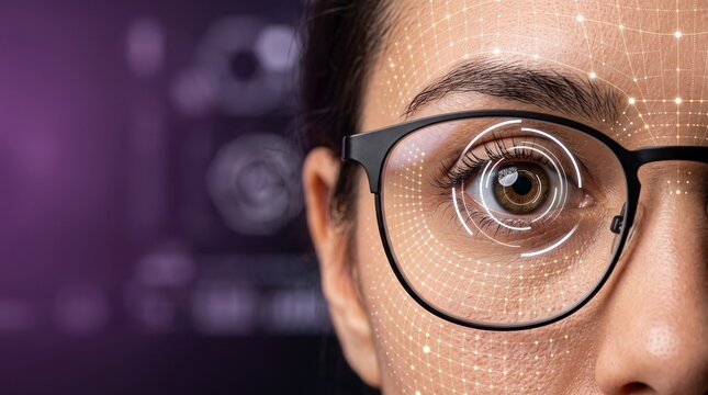 A macro close up of person eye and glasses lens undergoing iris telemetry tracking with golden micro dot matrix network on purple gradient, biometric check