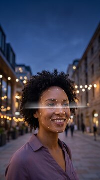 A smiling woman walking in city plaza at twilight during biometric AI face scan with gold tracking points on face, mobile urban security asset