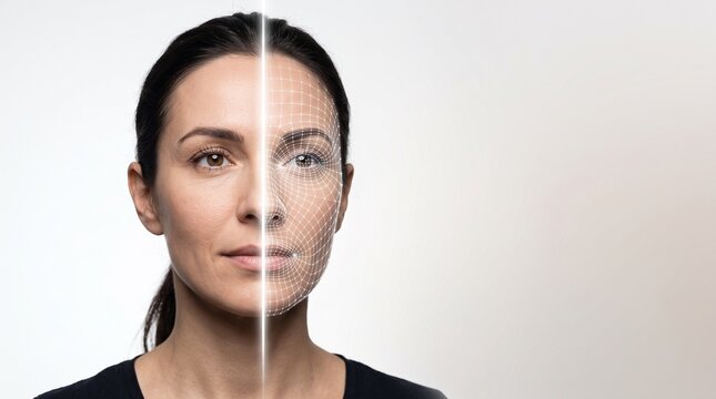 A split face concept of person showing 3d topographic grid scanning cheekbone contours on a platinum background, biometric AI face scanning tech