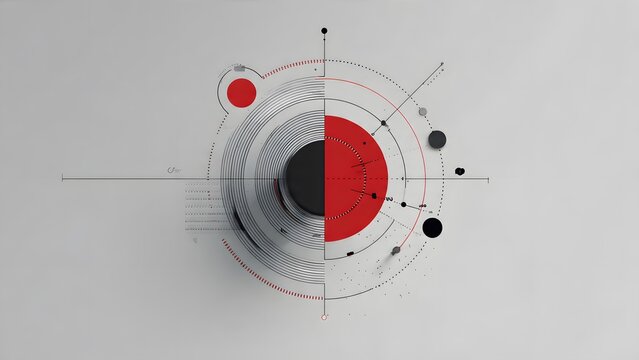 Abstract minimalist design with concentric circles and geometric shapes, half red and half black, on a clean light gray background, representing balance and structure.