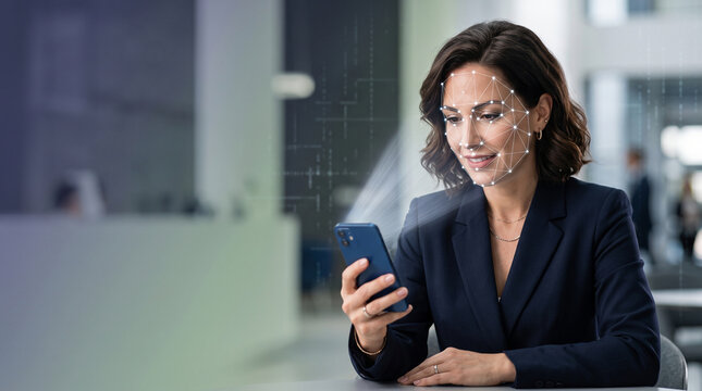 A businesswoman with confident smile using dark blue smartphone for facial geometry wireframe verification in indigo executive lounge, digital network