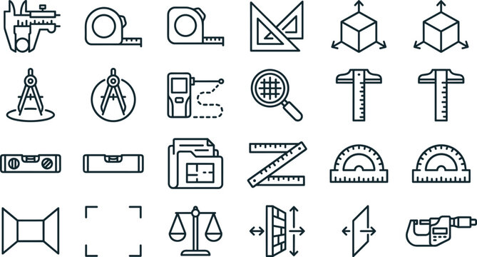 Measurement and Surveying Line Icon Set with Precision Tools, Geometry and Engineering Symbols Collection