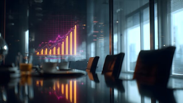 Transparent screen displaying an illuminated holographic business graph in a modern conference room with reflections on a polished table and empty chairs.