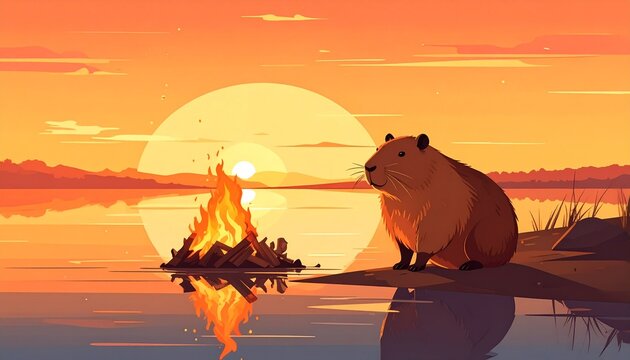 Capybara Sunset Chill by the Riverside with a Glowing Campfire and Golden Water Reflection in a Peaceful Nature Landscape Illustration