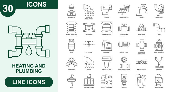 Heating and Plumbing, Outline Vector Icons. Editable Stroke Icons Set. plumber, water pollution, toilet, solar panel, faucet, blockage, towel warmer, plumbing, ventilation, water line and more.