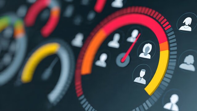 Futuristic speedometer style gauge interface on dark digital display with abstract icons of people and red color highlights representing performance tracking and user metrics speed.