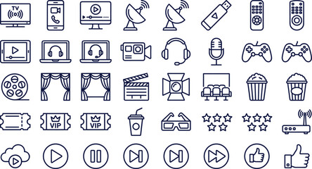 Entertainment and Media Line Icon Set with Streaming, Gaming, Cinema and Multimedia Symbols Collection © MdSumon
