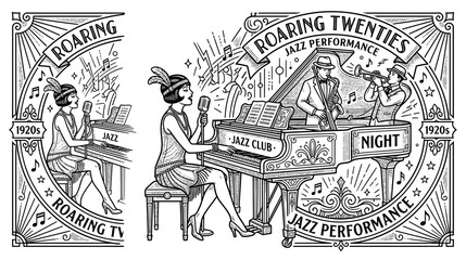 Roaring Twenties Jazz Club: Flapper Singer and Musicians Performing © Wejang