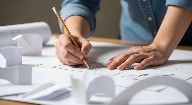 Architect using a wooden pencil to draw lines on a large paper blueprint on a wooden desk in a bright office space while working on a new construction project design and engineering