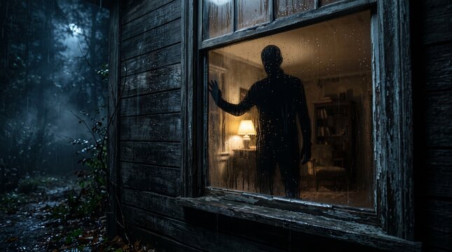 Mysterious silhouette standing inside a wooden cabin window at night in a foggy forest
