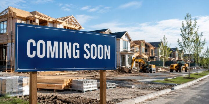 Blue "COMING SOON" sign in front of a residential housing development under construction. New homes, real estate marketing, property development, upcoming community, and housing market concept