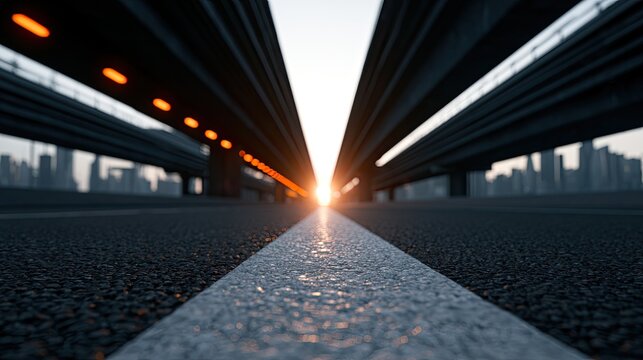 A stark highway underpass leads to a bright sunbeam, framed by overpasses