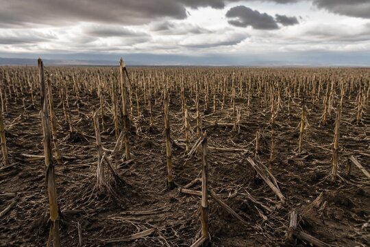 Field of crops after a locust swarm, showing bare stems against the soil.
