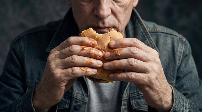 Hungry Mature Man Enjoying a Juicy Burger, Comfort Food and Fast Food Craving