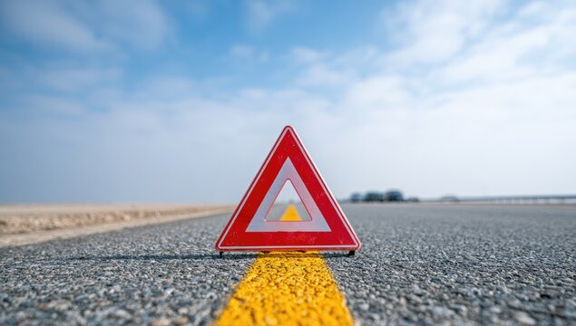 Red warning triangle on asphalt road with yellow line, blue sky