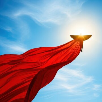 A bright red fabric flows through a bright blue sky filled with white clouds as a powerful figure soars toward a golden sun in the distance, legendary, wind, justice