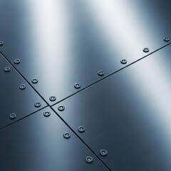 Obraz premium A close-up view of polished cold steel plates featuring industrial rivets, linear brushed textures, and sharp reflections under bright light, sheet, steel, cold
