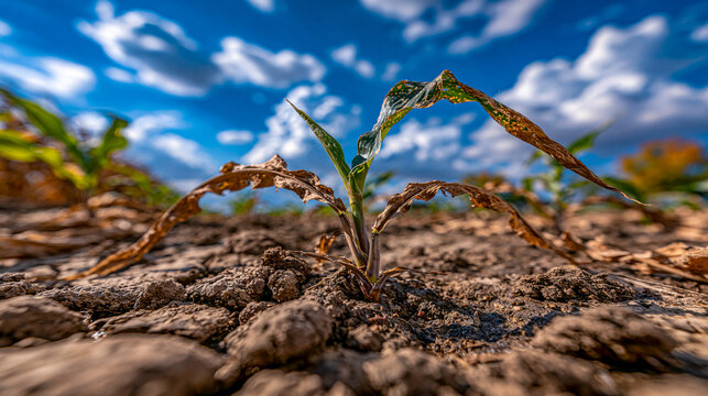 Close up of a single small corn seedling struggling to grow in parched cracked earth