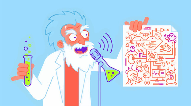 Mad Scientist Explaining Discovery with Beaker Microphone and Formula Diagram, Flat Vector Illustration with Bright Colors and Whimsical Characters