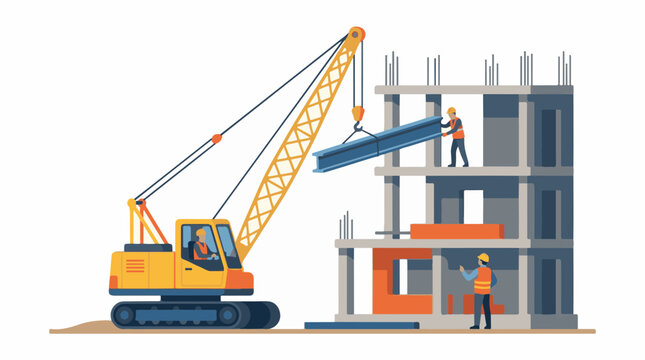 Construction workers erect a building with crane lifting steel beam