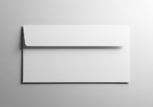 A single white stationery envelope lies flat on a smooth light surface, featuring clean lines and a classic rectangular blank paper design, business, supply, communication