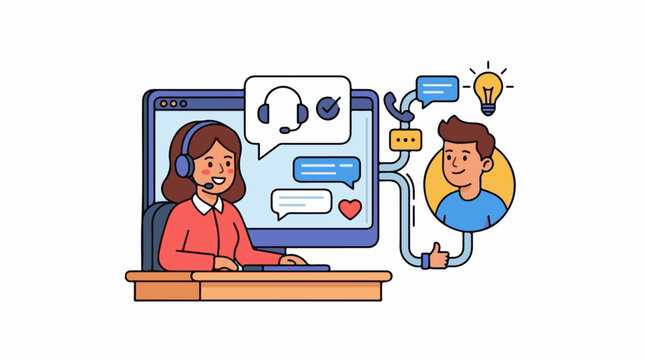 Customer service illustration with agent client chat bubbles and ideas