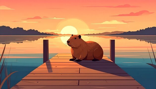 Capybara Sunset Chill on a Wooden Dock at Lake Shoreline During Golden Hour Providing a Peaceful and Relaxing Atmosphere for Nature Lovers
