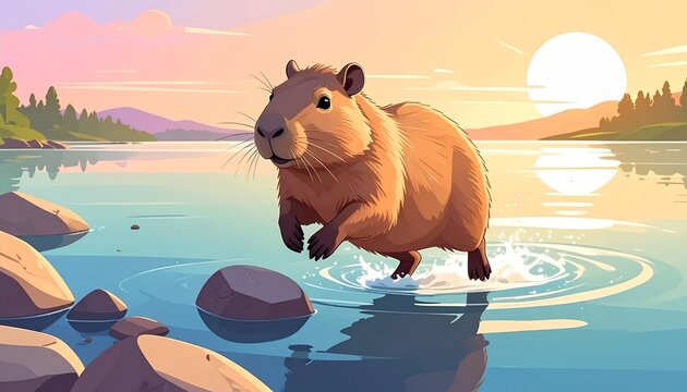 Capybara Sunset Chill and Stone Skipping Action in a Peaceful Riverside Landscape with Warm Golden Hour Lighting and Relaxed Atmosphere
