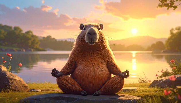 Capybara Sunset Chill Yoga Calm Meditation Sitting by the Lake in a Peaceful Nature Landscape with Golden Hour Warm Lighting