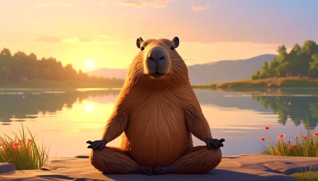 Capybara Sunset Chill Yoga Calm Practice Sitting in a Meditative Pose by a Peaceful Lake Shore During Golden Hour Lighting